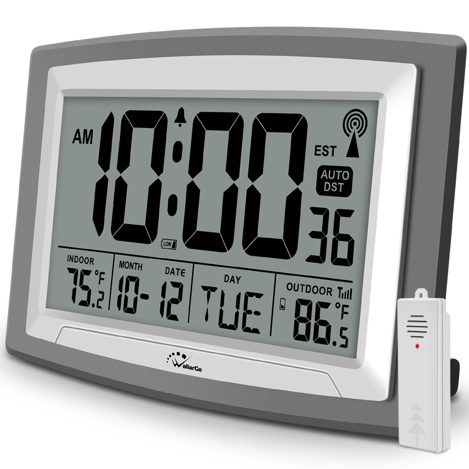 WallarGe vista frontal del reloj mostrando hora y temperatura, legible a distancia