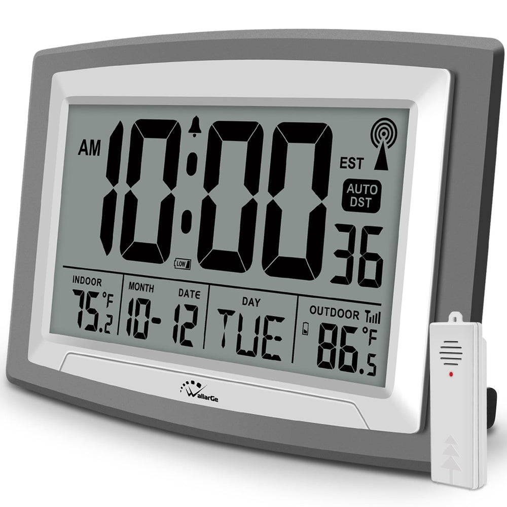 WallarGe vista frontal del reloj mostrando hora y temperatura, legible a distancia