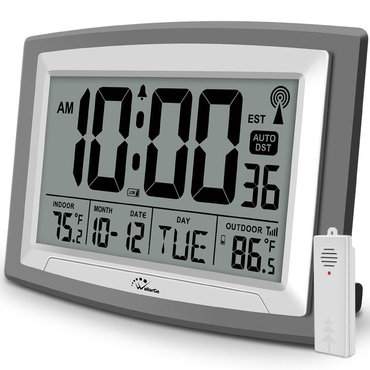 WallarGe vista frontal del reloj mostrando hora y temperatura, legible a distancia