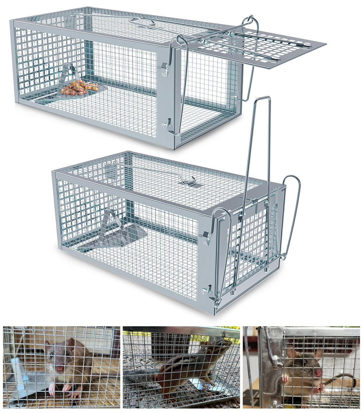 Wanqueen front view of two live-capture cages showing compact pack and accessibility
