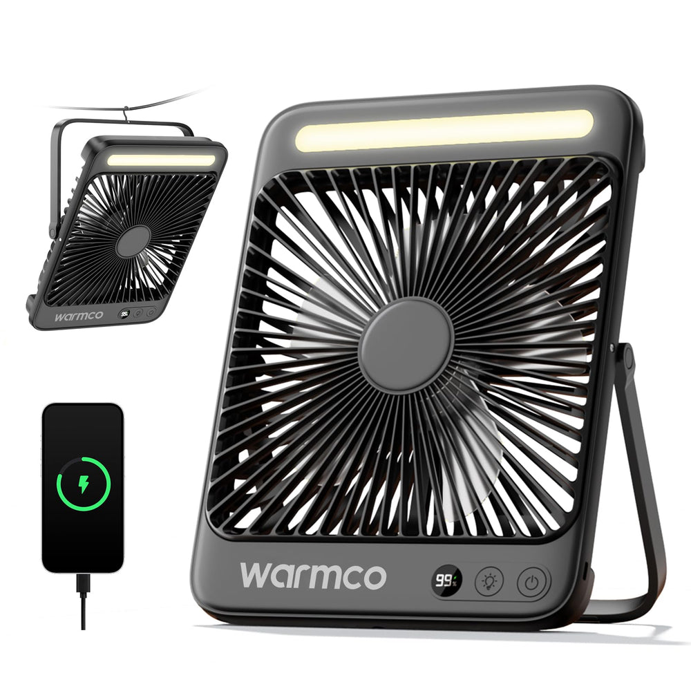 Warmco D4 vista frontal con linterna LED, ilumina la tienda eficazmente