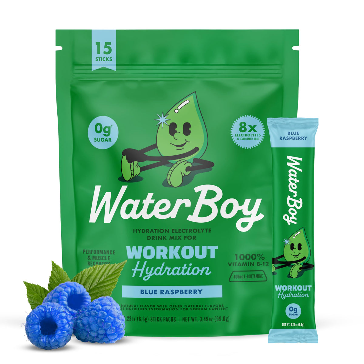 Waterboy pack frambuesa azul frontal mostrando 15 sobres y beneficios