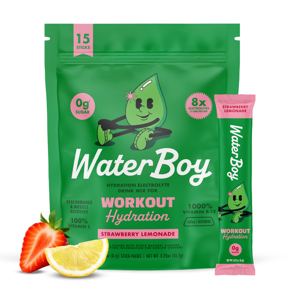 Waterboy frente del empaque mostrando caja de 15 sobres y beneficio de electrolitos