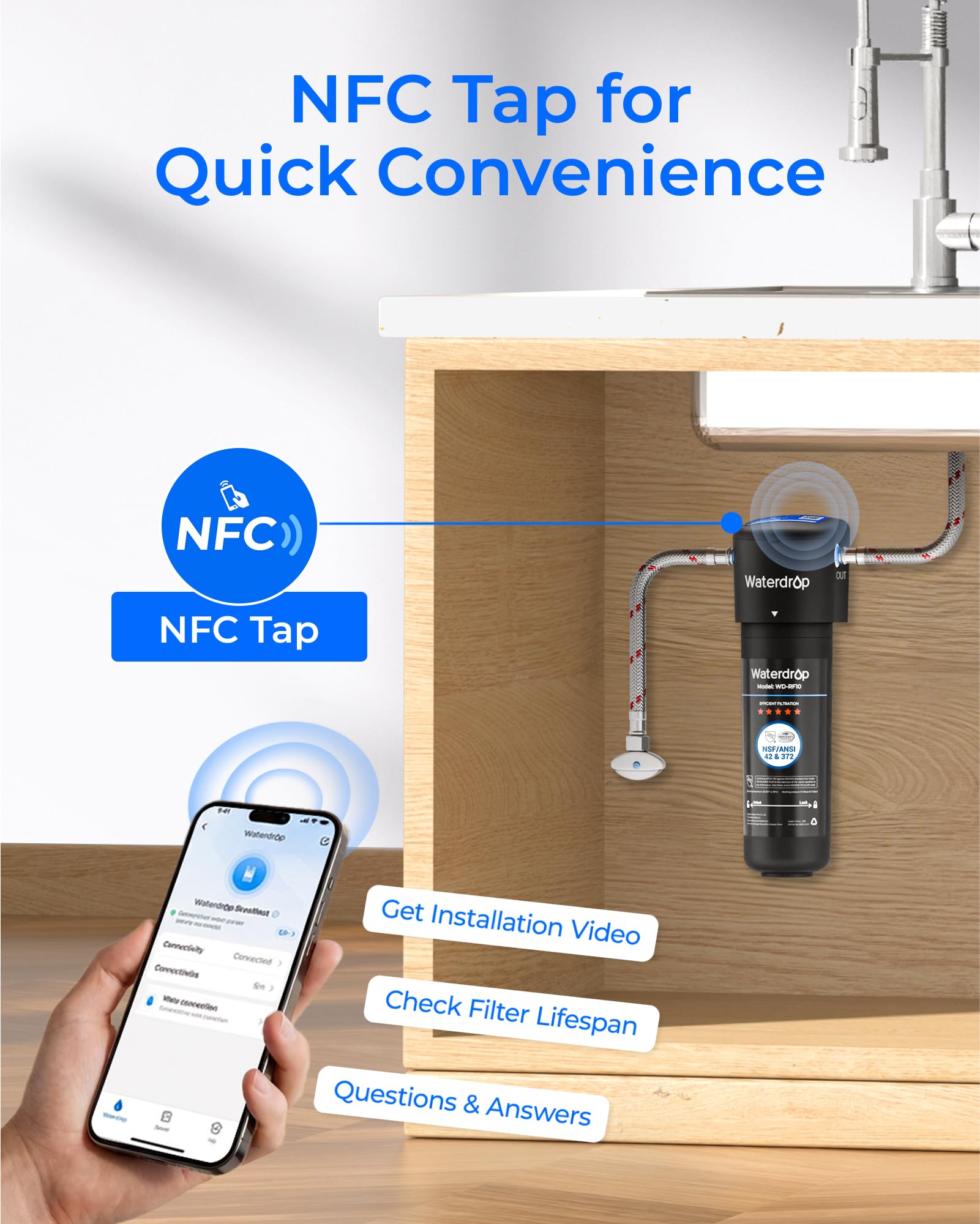 Waterdrop 10UA etiqueta con especificaciones NSF/ANSI 42 y datos técnicos visibles