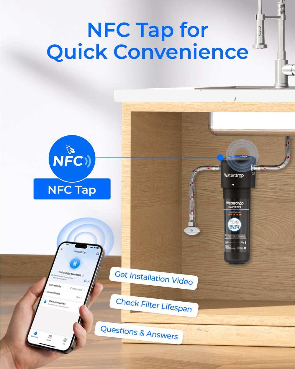 Waterdrop 10UA etiqueta con especificaciones NSF/ANSI 42 y datos técnicos visibles
