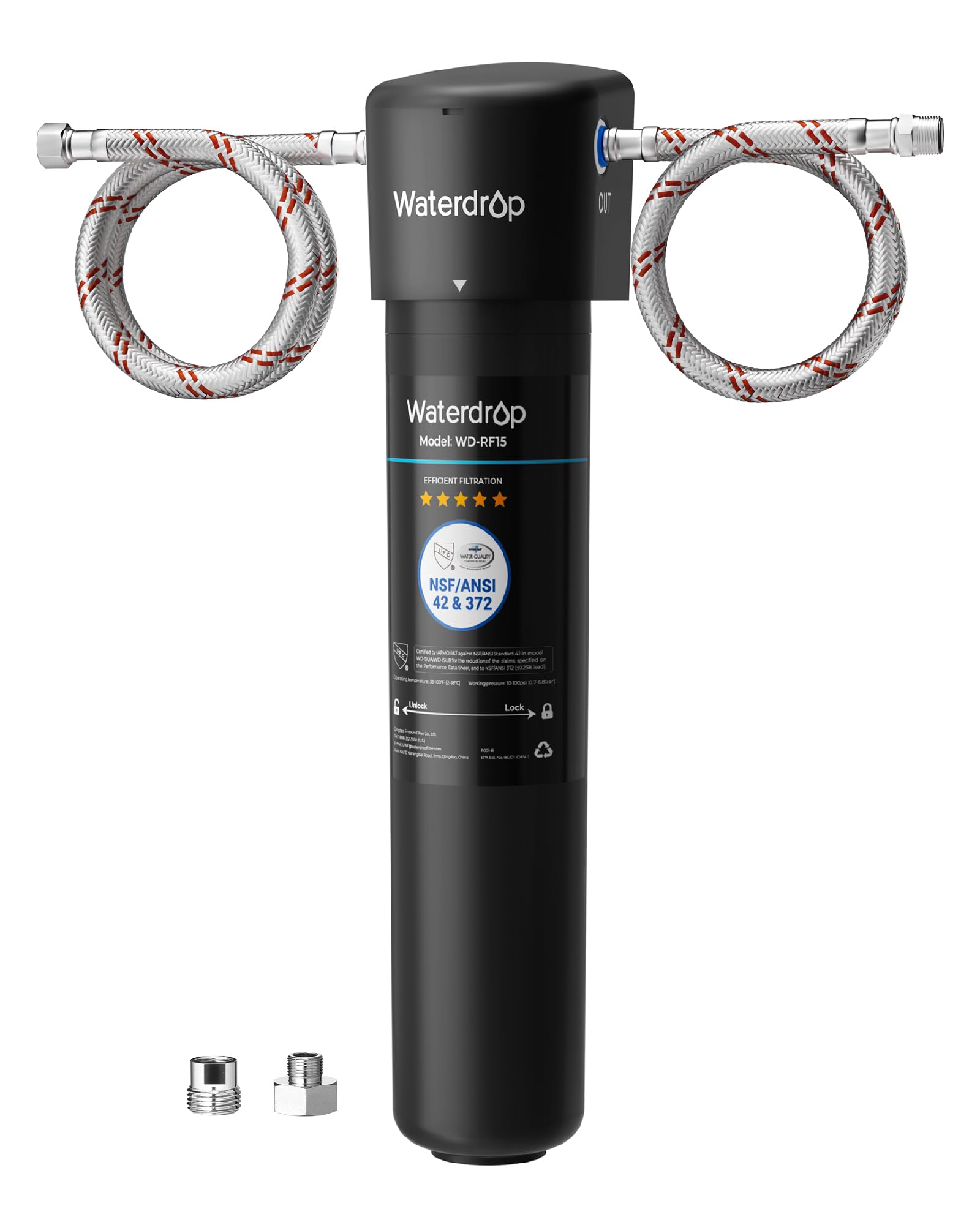 Waterdrop 15UA vista frontal del sistema mostrando diseño compacto y ahorro
