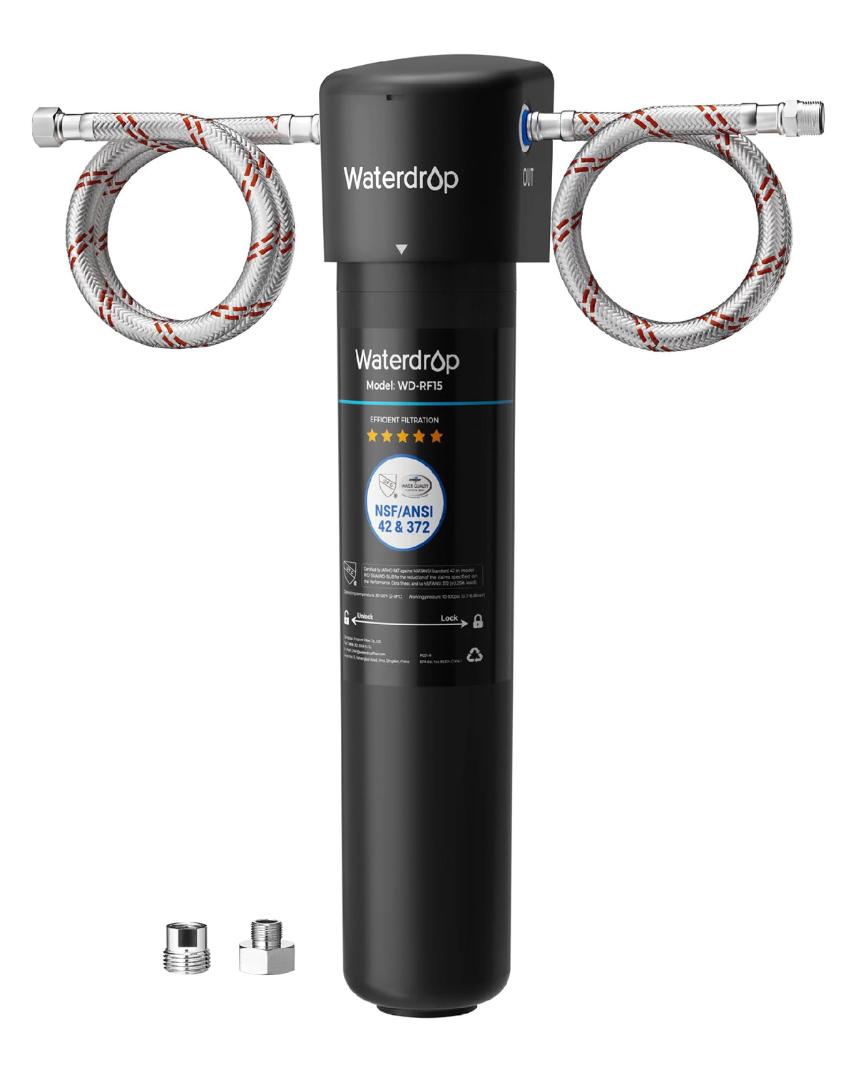 Waterdrop 15UA vista frontal del sistema mostrando diseño compacto y ahorro