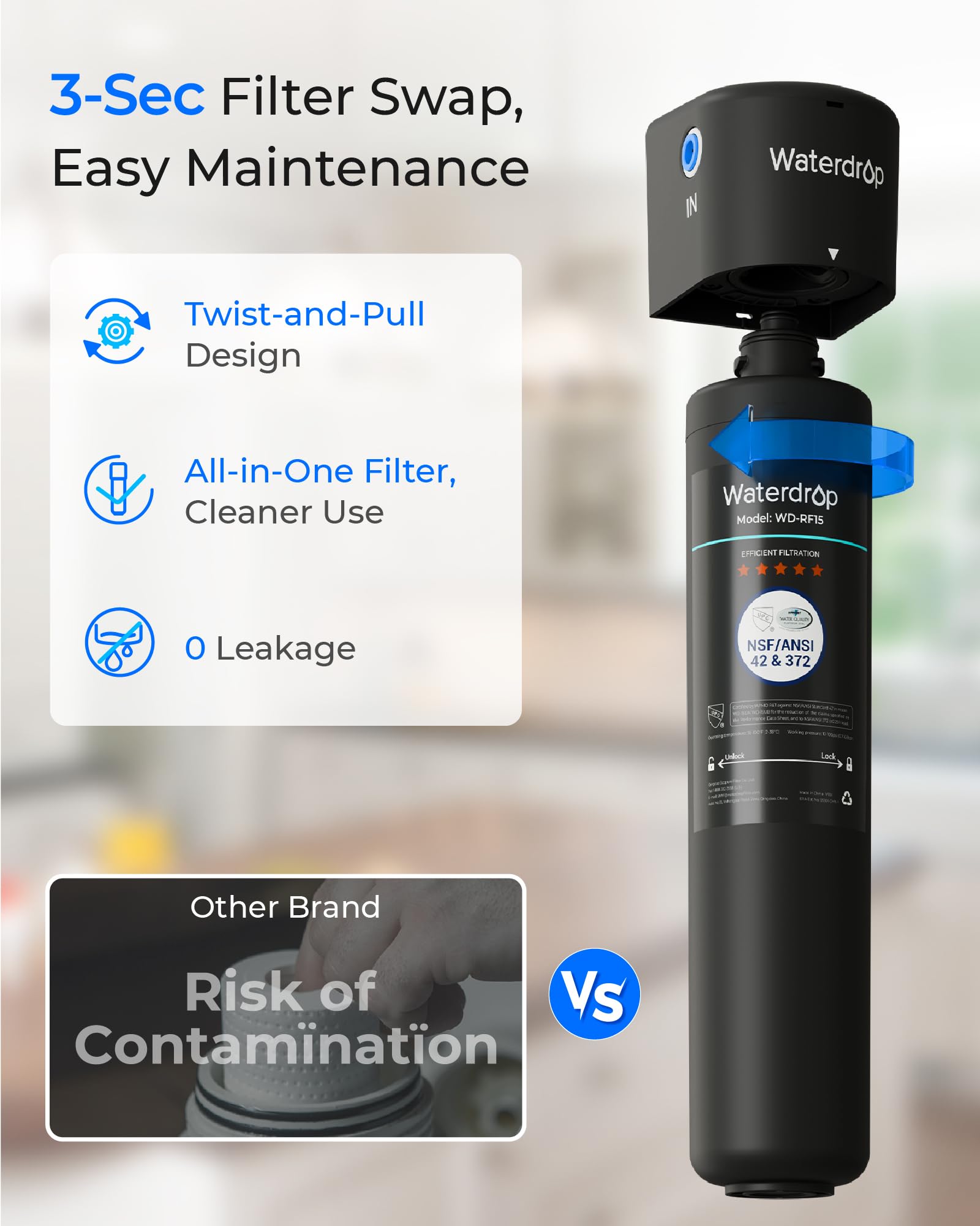 Waterdrop instalado en RV demostrando portabilidad y suministro continuo