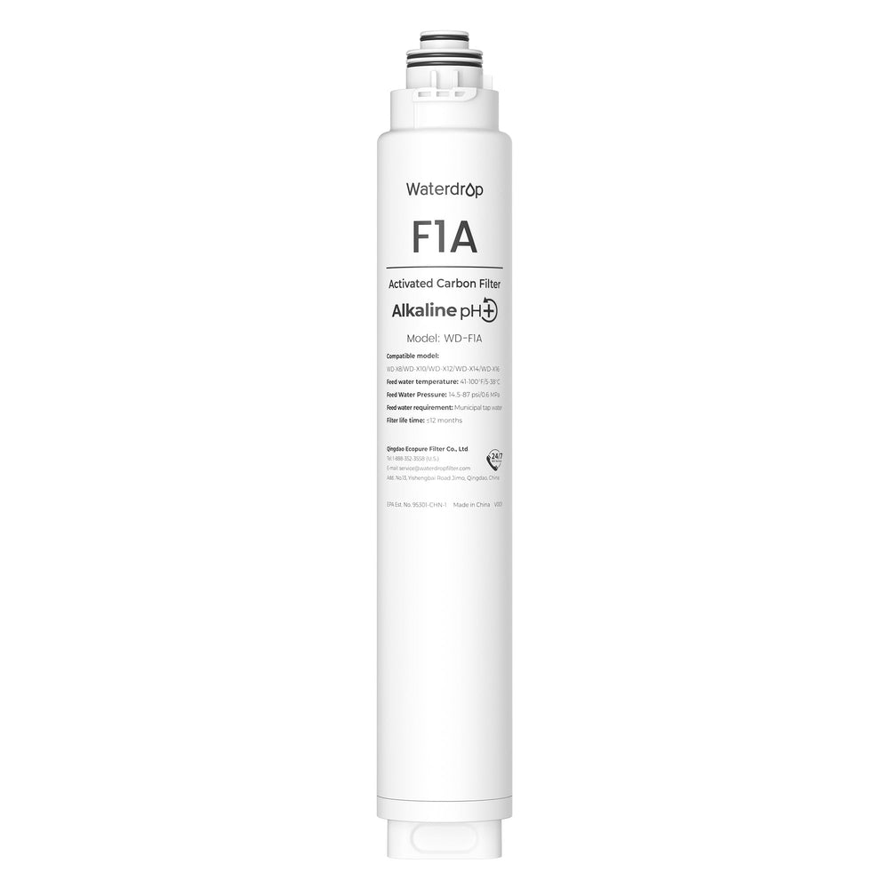 Waterdrop filtro F1A vista frontal, muestra el cartucho y su compatibilidad