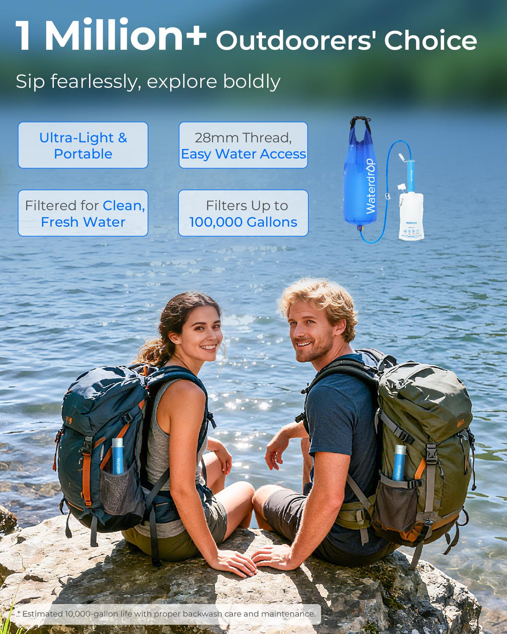 Waterdrop primer plano de la pajilla y membrana ultrafina, filtrado eficaz
