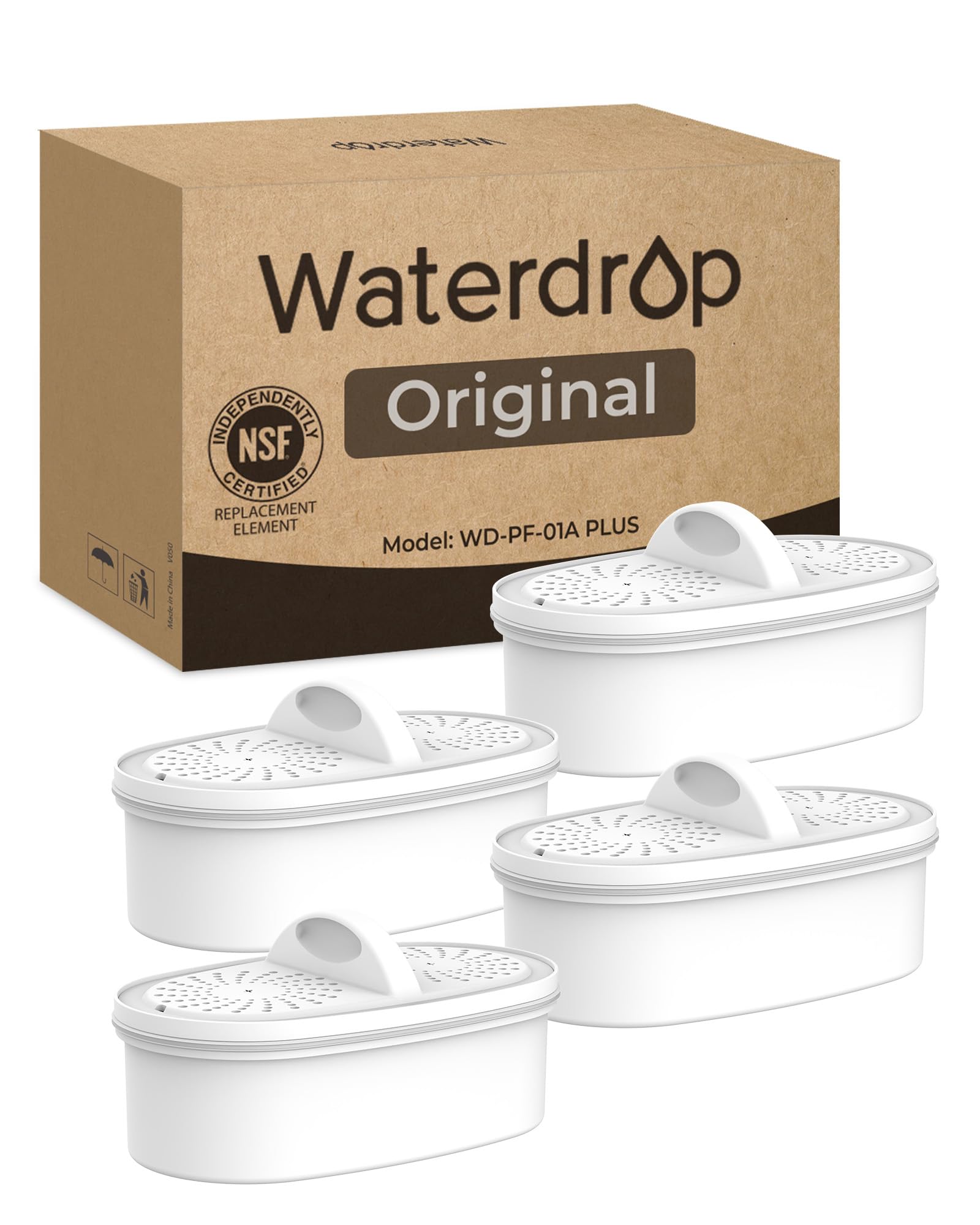 Waterdrop PF-01A front view showing cartridge and label, brand clarity and fit