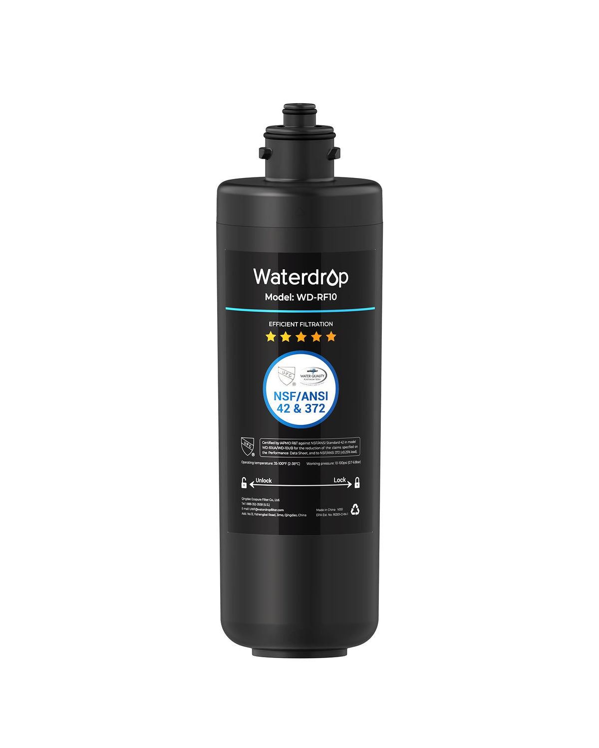 Waterdrop RF10 frente del empaque mostrando el repuesto y compatibilidad