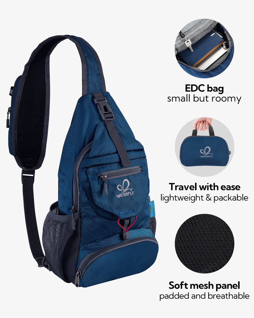 WATERFLY reversible strap attachment showing left-right carry convenience benefit