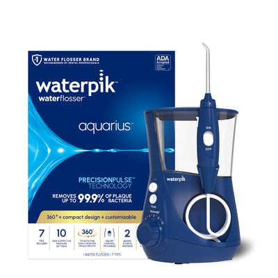 Waterpik Aquarius front view showing unit and base for efficient countertop cleaning