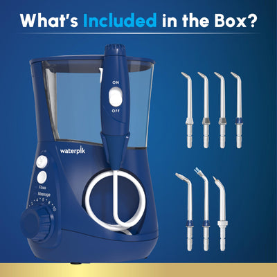 Waterpik Aquarius seven color-coded tips displayed for multiple users and needs