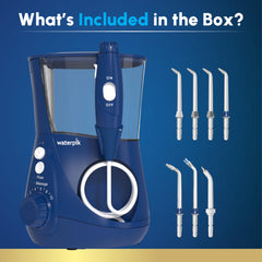 Waterpik Aquarius seven color-coded tips displayed for multiple users and needs
