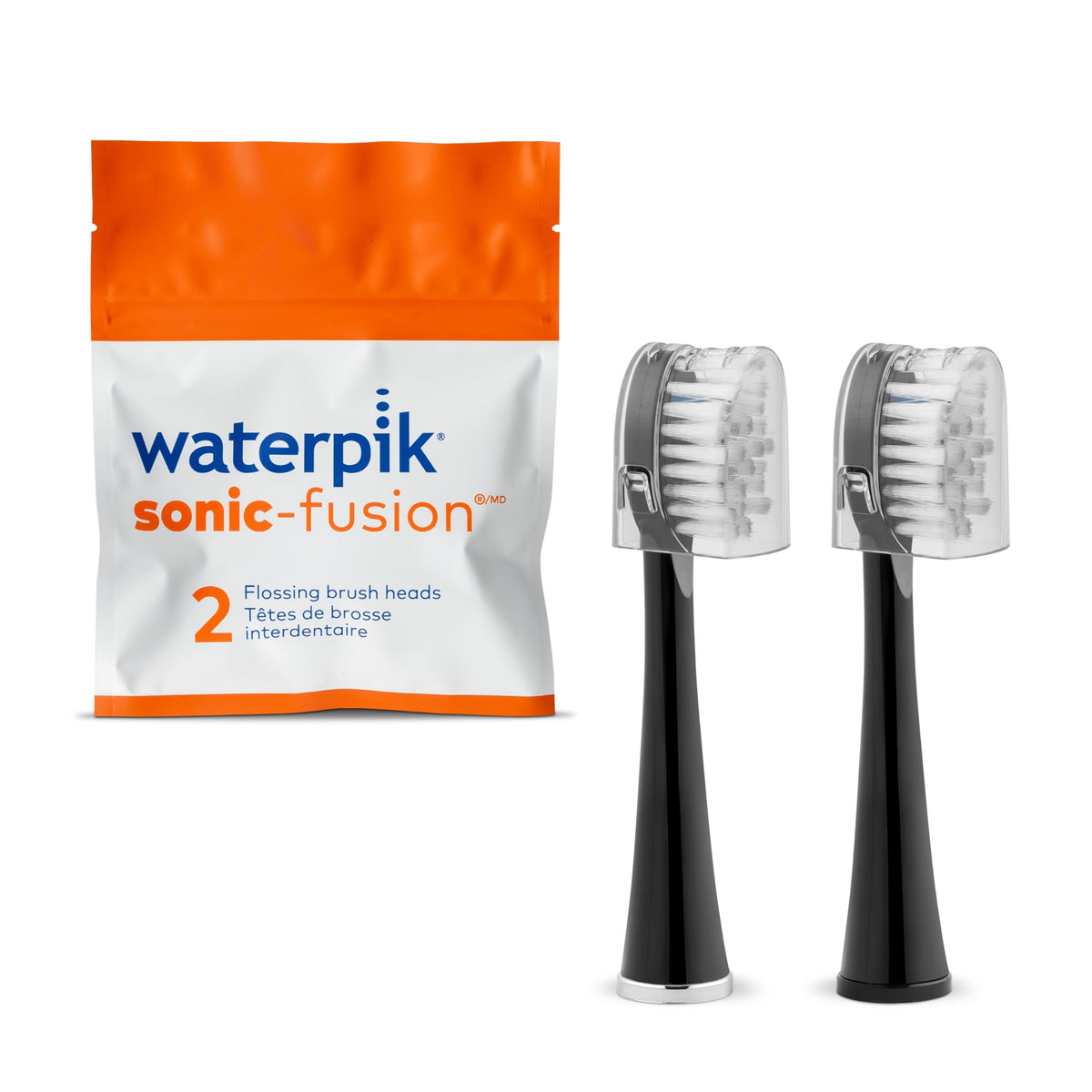 Waterpik cabezales Sonic-Fusion frontal mostrando el pack y beneficio de recambio original
