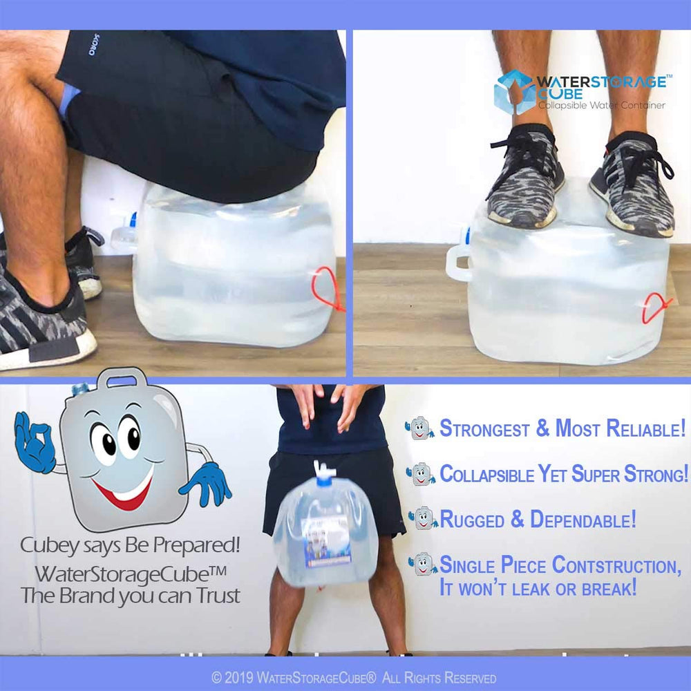 WaterStorageCube junto a botella para comparar tamaño y capacidad de forma clara
