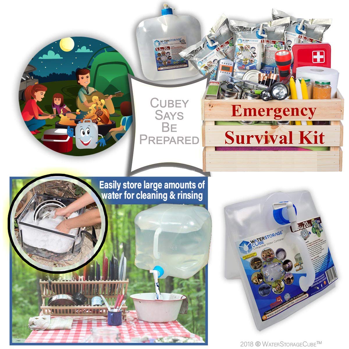WaterStorageCube mostrando el eBook incluido con consejos de emergencia y camping
