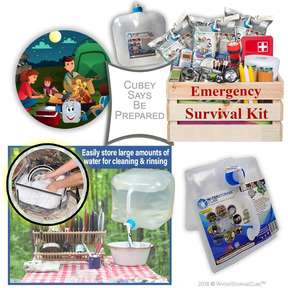 WaterStorageCube mostrando el eBook incluido con consejos de emergencia y camping