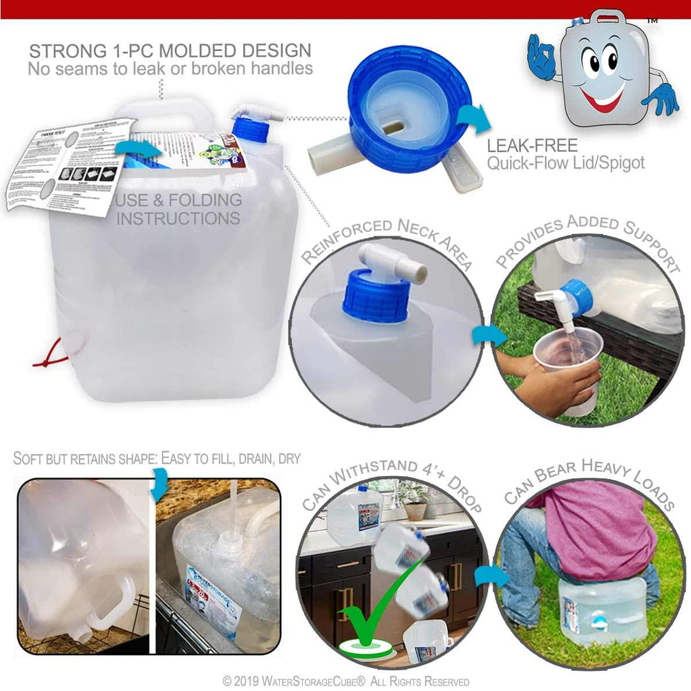 WaterStorageCube en mesa de camping facilitando dispensado de agua durante actividades