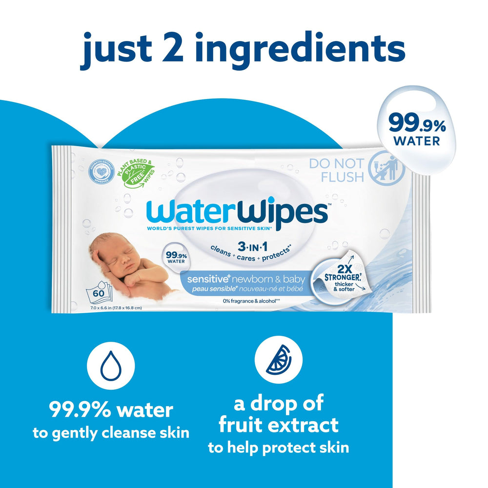Detailed shot of WaterWipes ingredients label highlighting 99.9% purified water and minimal formula safety