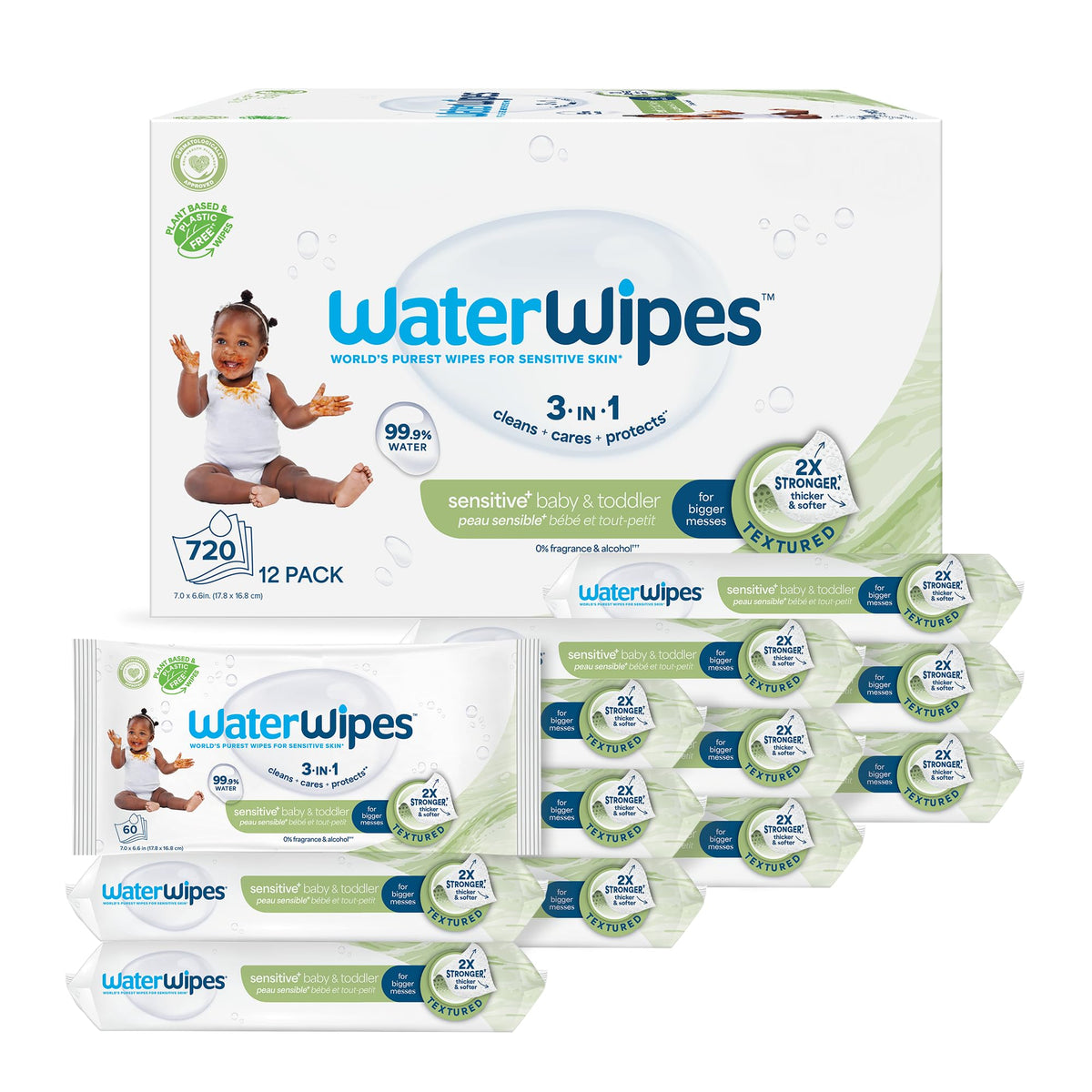 WaterWipes pack frontal con 12 paquetes, conveniencia para familias