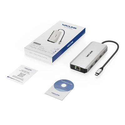 WAVLINK retail box and accessories laid out indicating included components and warranty