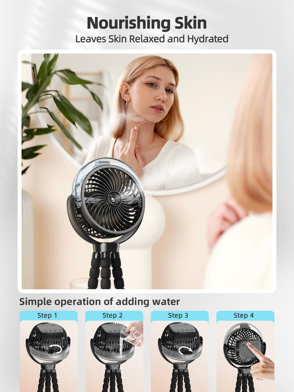 Wavmill ventilador en uso sobre escritorio dando aire y humedad confortable