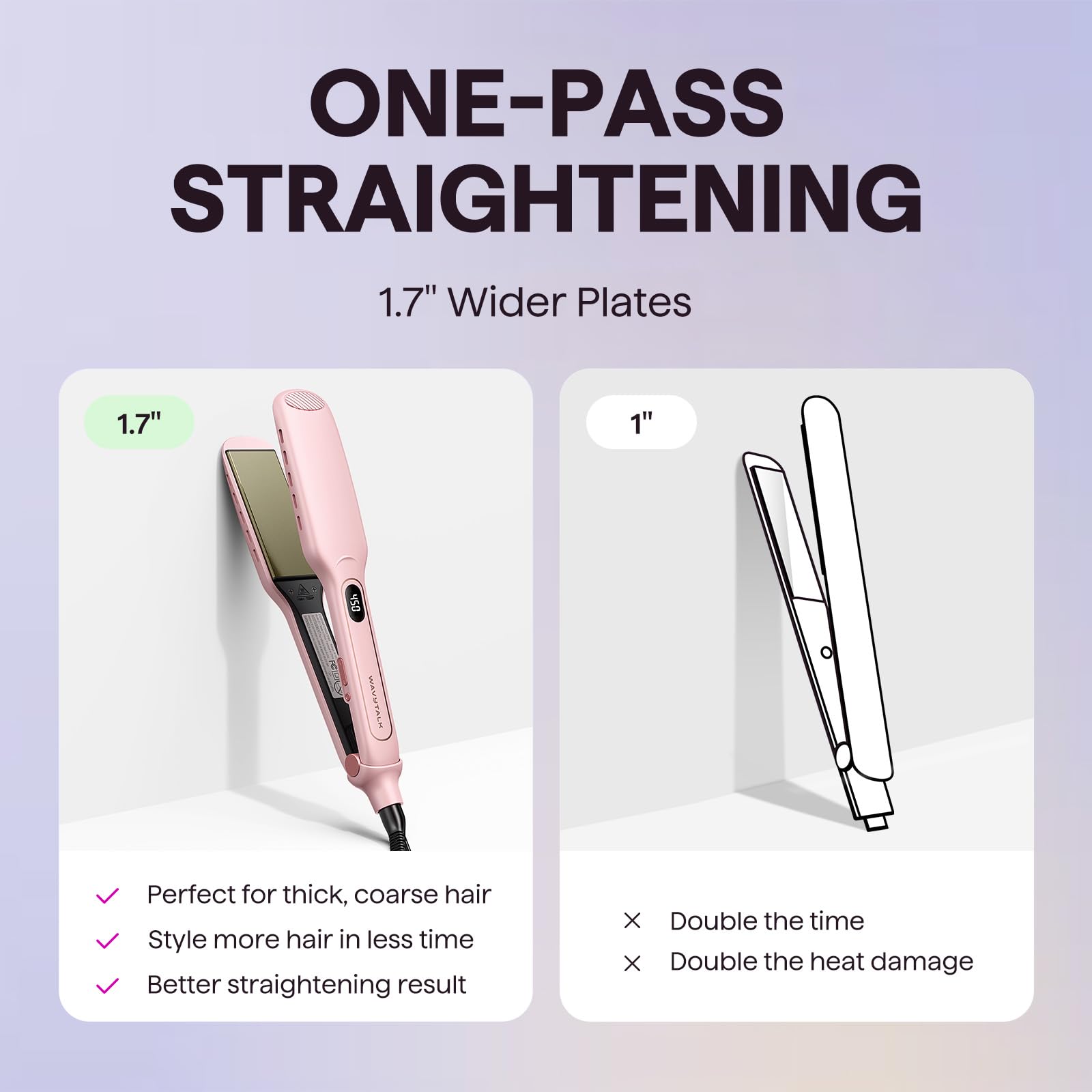 wavytalk flat iron smoothing long hair to show coverage and time-saving benefits