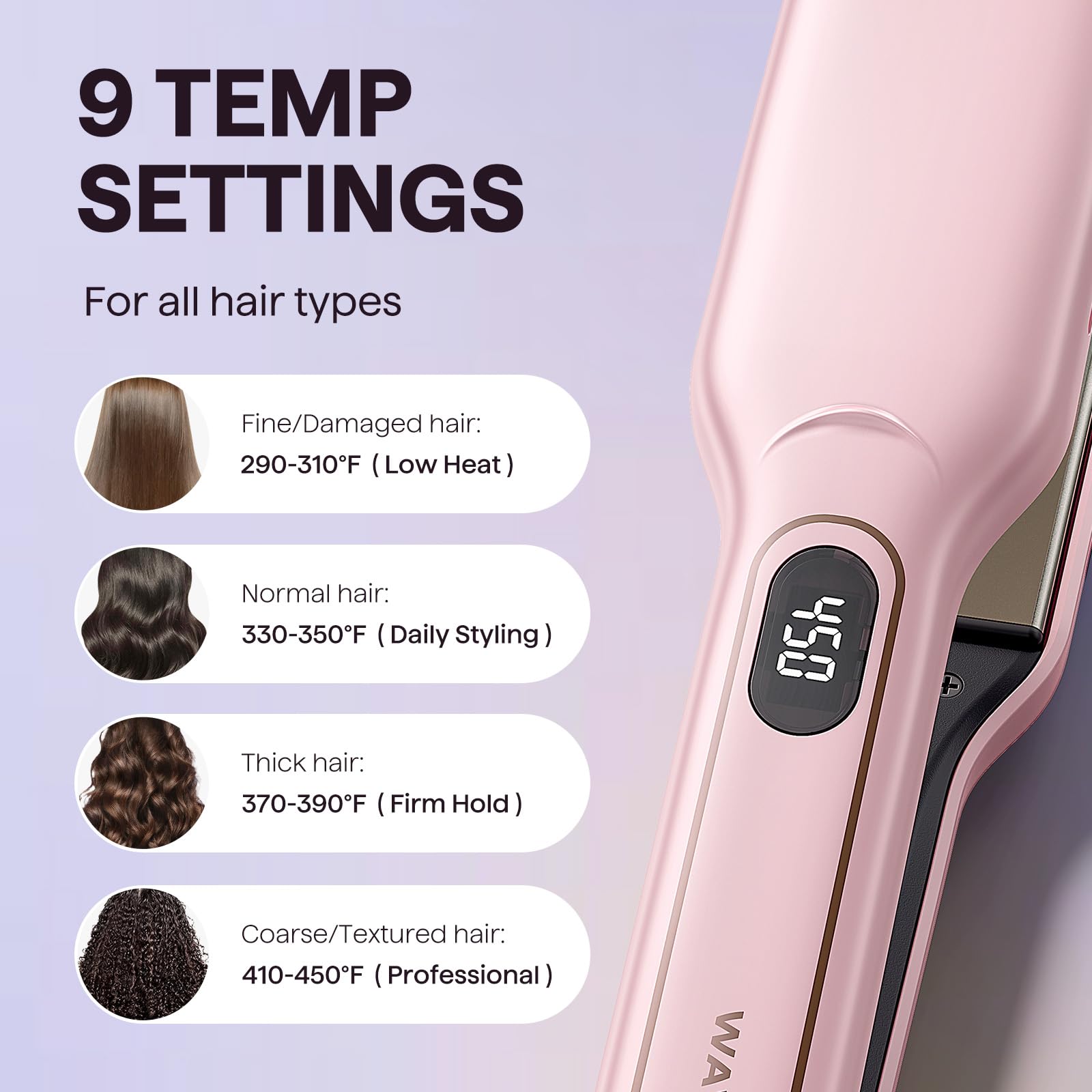 wavytalk flat iron held in hand to show size and wide-plate coverage for thick hair