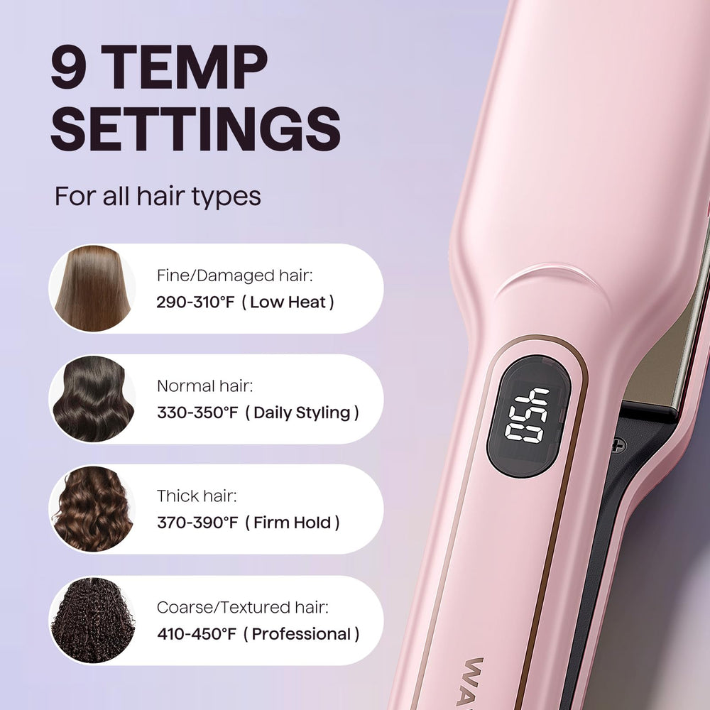 wavytalk flat iron held in hand to show size and wide-plate coverage for thick hair
