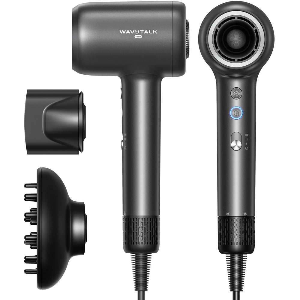 wavytalk front view of Turblow Pro hair dryer showing streamlined matte grey body and controls for easy styling