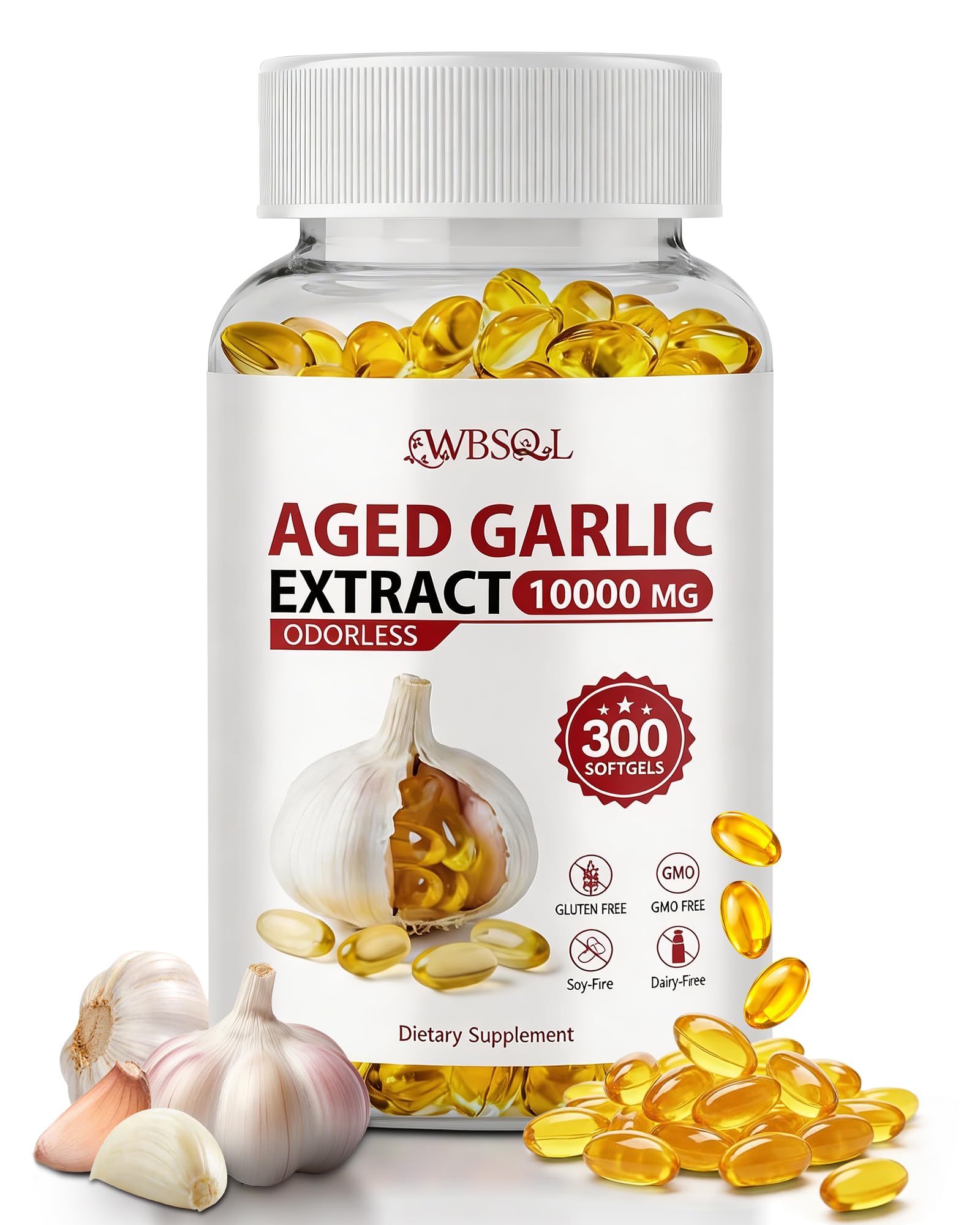 WBSQL frasco frontal de ajo envejecido 300 softgels, fácil almacenamiento