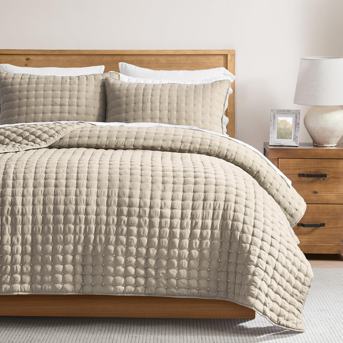 WDCOZY beige king quilt front view showing neat cross-stitching and warm tone