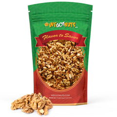 we got nuts front packaging showing 4 lb resealable bag and fresh walnuts benefit convenience