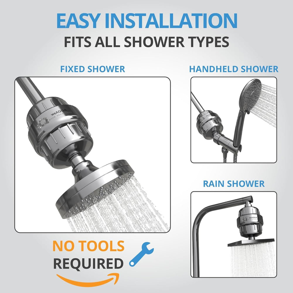weAQUA ambiente de baño con filtro instalado, ducha más limpia y ordenada