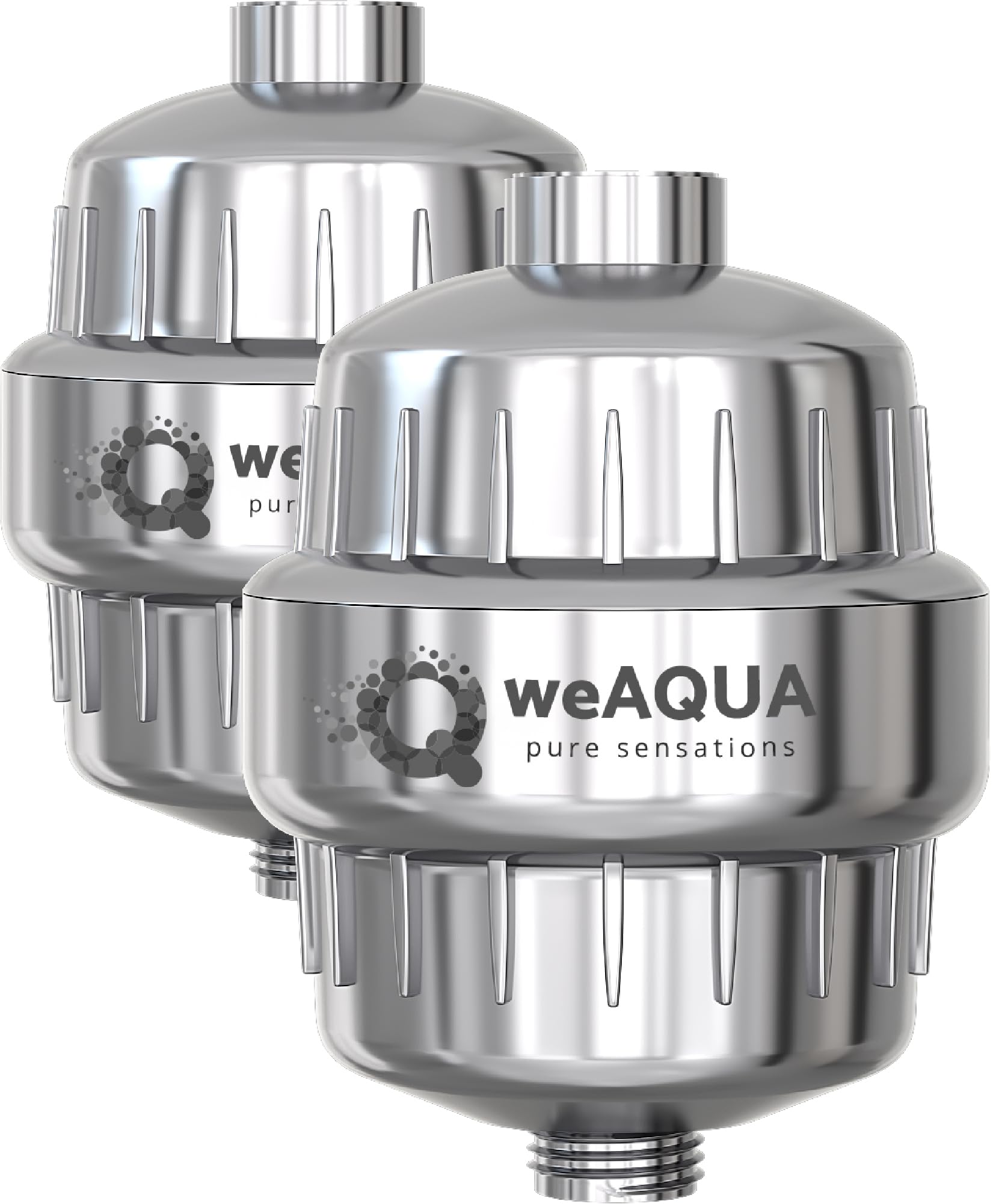 weAQUA filtro de ducha pack frontal mostrando diseño cromado y durabilidad