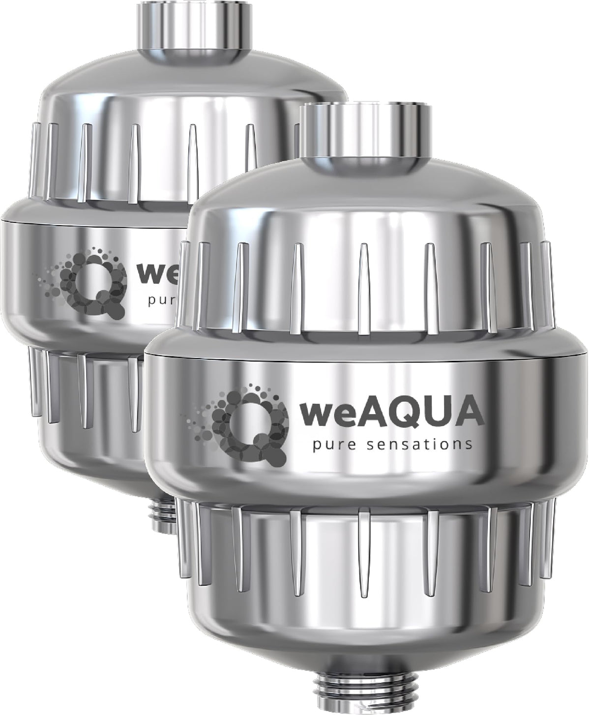 weAQUA filtro de ducha pack frontal mostrando diseño cromado y durabilidad