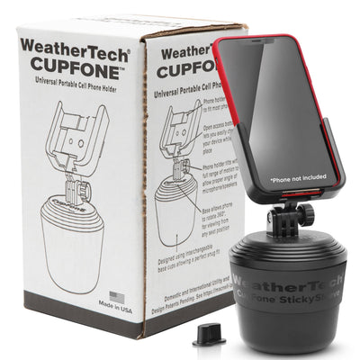 WeatherTech CupFone frontal en portavasos mostrando montaje seguro