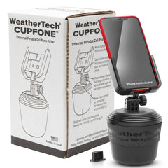 WeatherTech CupFone frontal en portavasos mostrando montaje seguro
