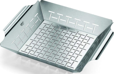 Weber front view of basket showing full stainless-steel pan and easy placement benefit