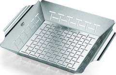 Weber front view of basket showing full stainless-steel pan and easy placement benefit
