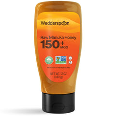 Wedderspoon front packaging showing 150+ MGO strength and 12 oz squeeze bottle benefit