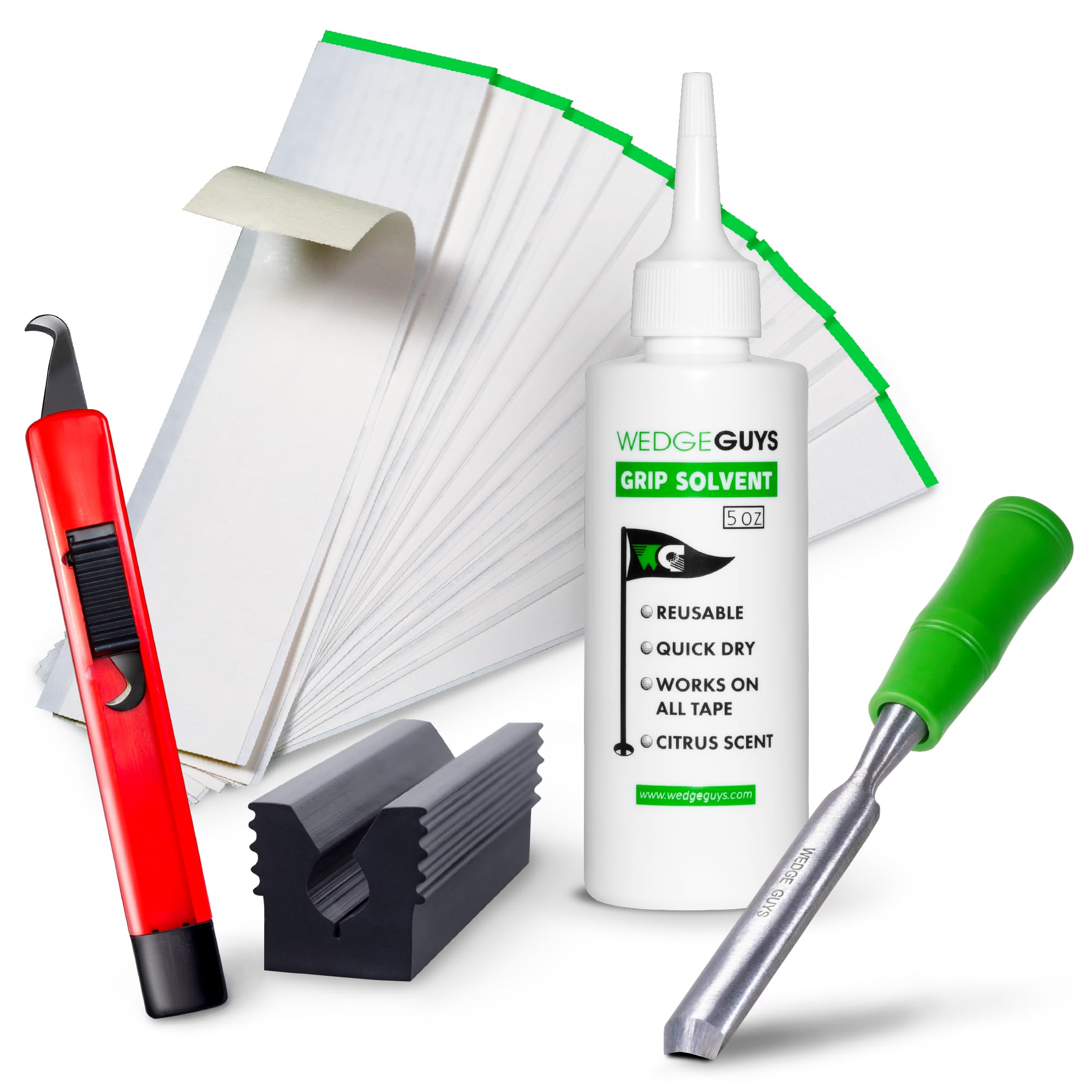Wedge Guys empaque frontal mostrando kit completo para regrip profesional
