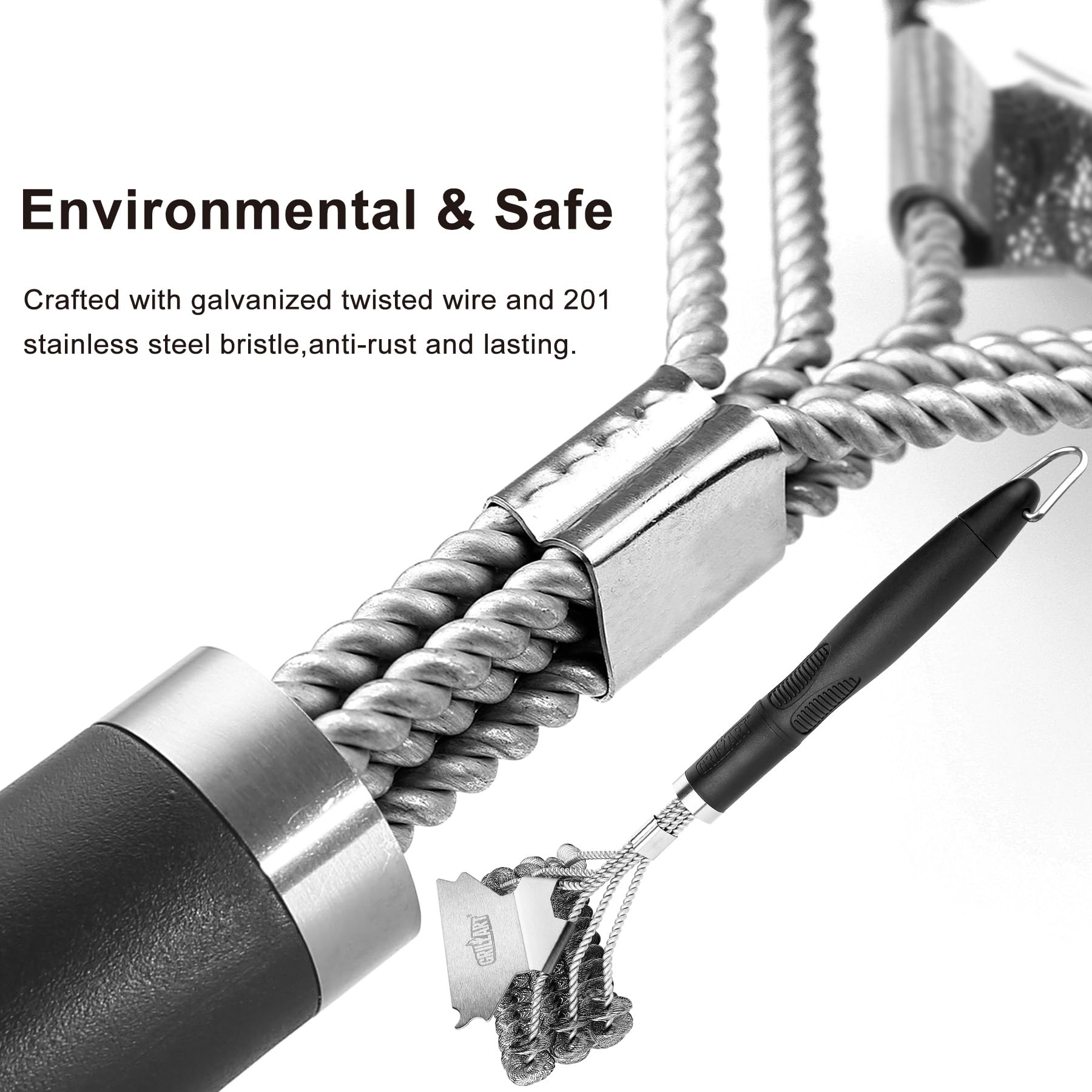 Weetiee brush in use on a gas grill, displays safer cleaning without metal bristles