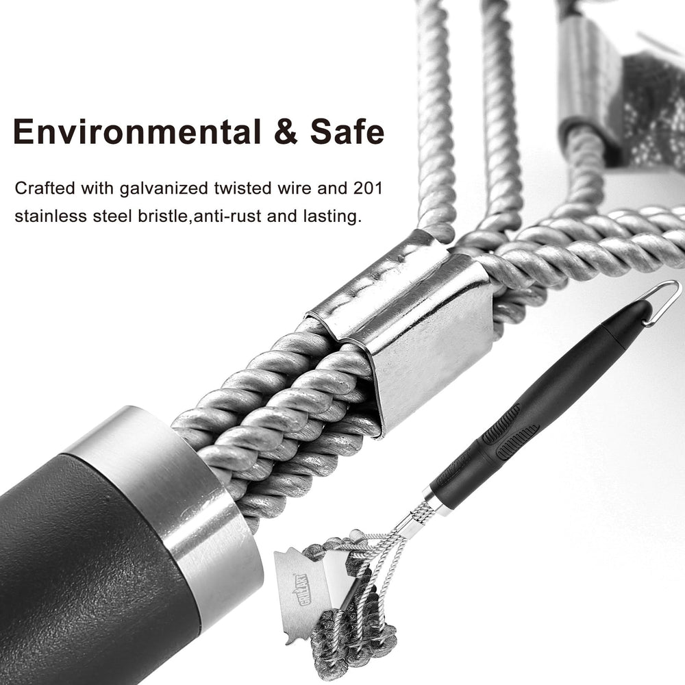 Weetiee brush in use on a gas grill, displays safer cleaning without metal bristles