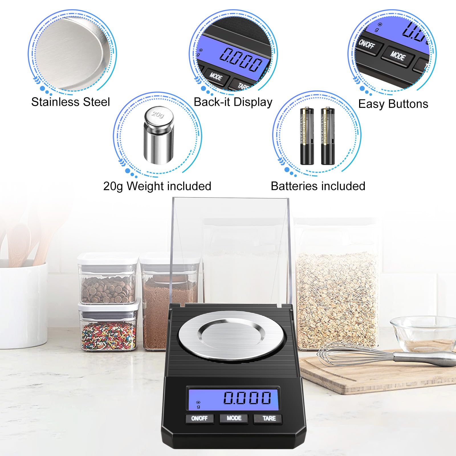 Weigh Gram pantalla LCD retroiluminada mostrando cifras nítidas en baja luz