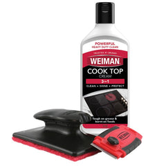 Weiman kit frontal mostrando envase y accesorios, limpieza eficaz