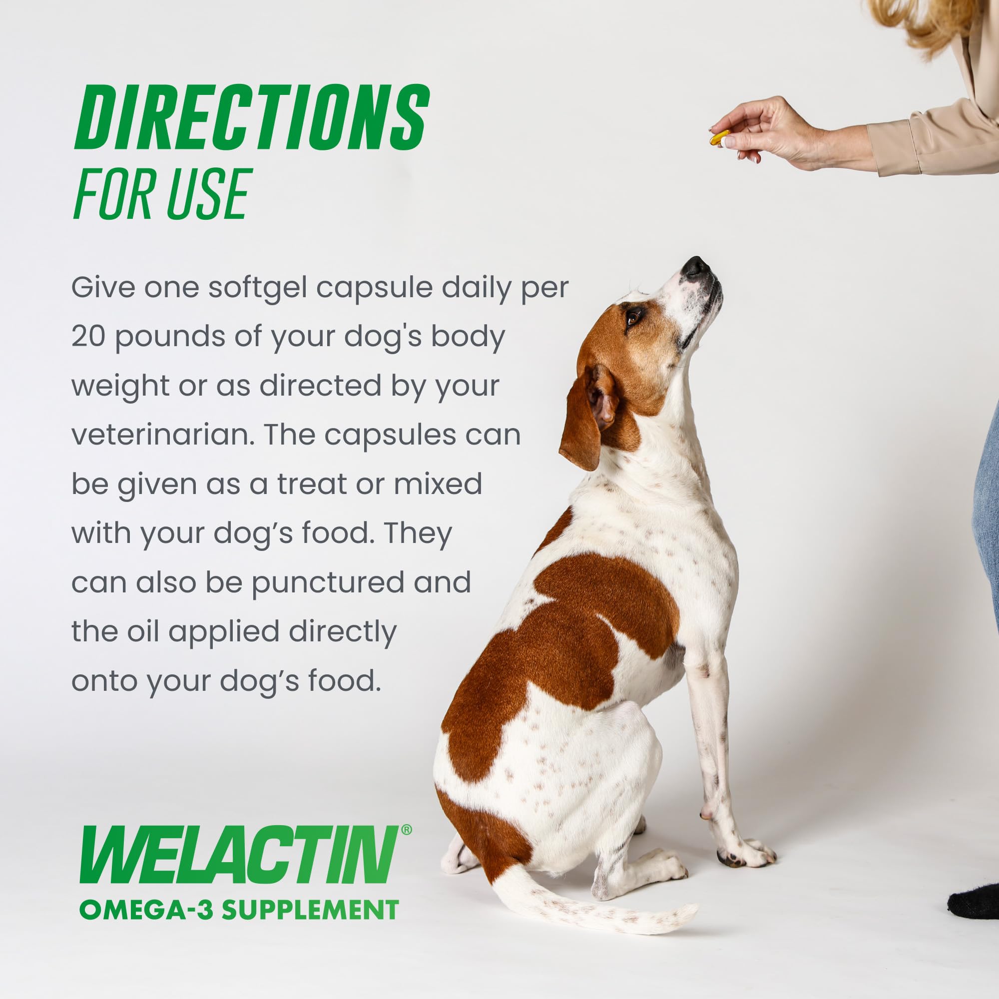 Nutramax Welactin bottle beside dosing chart illustrating daily use guidance